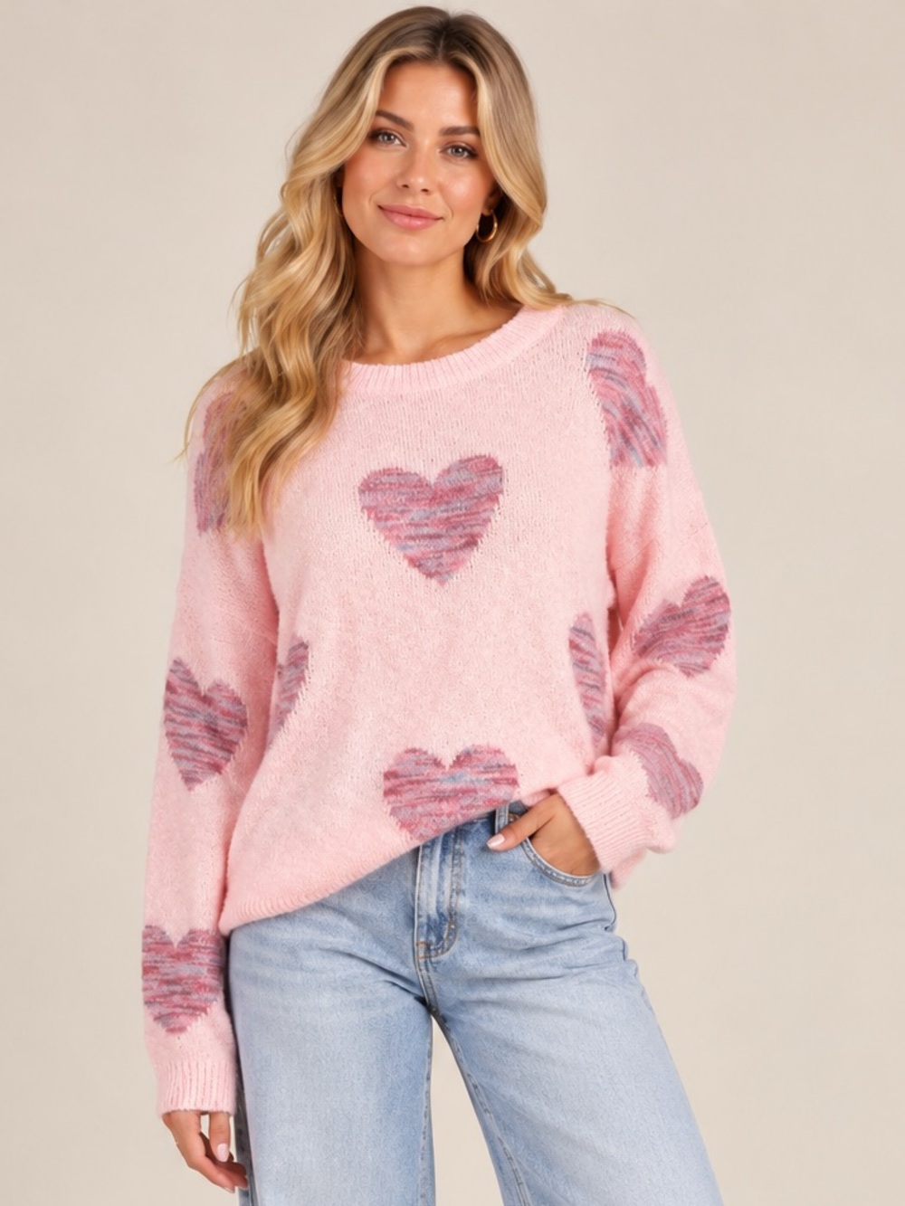Lightweight Pink Heart Knit Sweater – Soft & Feminine